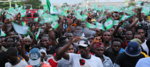 Protests in Lagos against a now-defunct police division (SARS) accused of abuse, extortion and extra-judicial killings. Protesters collected some donations in bitcoin. Credit: Adetona Omokanye/Getty Images